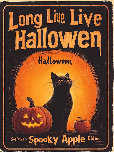 Halloween Poster with Black Cat Pumpkin and Spooky Apple Cider