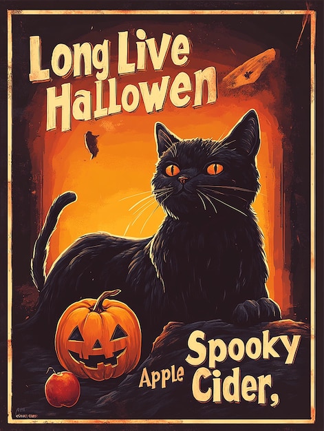 Halloween Poster with Black Cat Pumpkin and Spooky Apple Cider