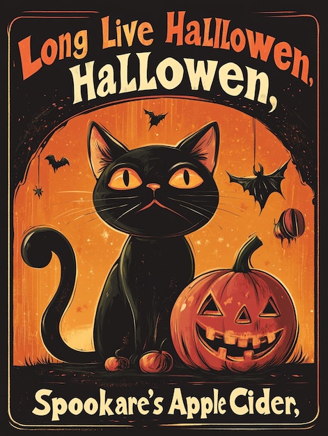 Halloween Poster with Black Cat Pumpkin and Spooky Apple Cider