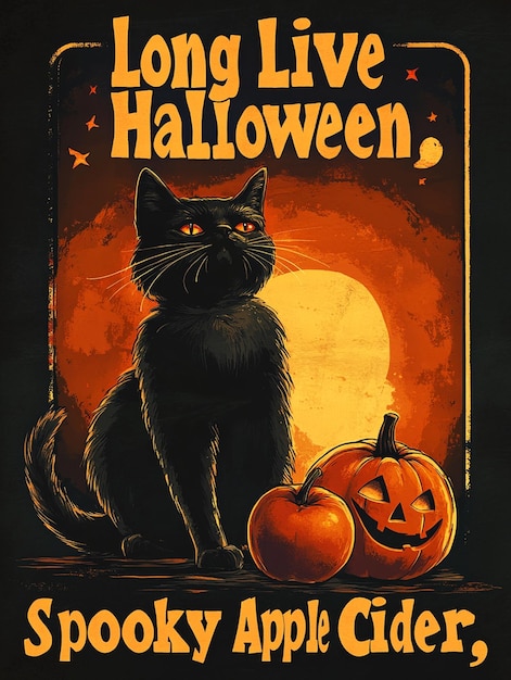 Halloween Poster with Black Cat Pumpkin and Spooky Apple Cider