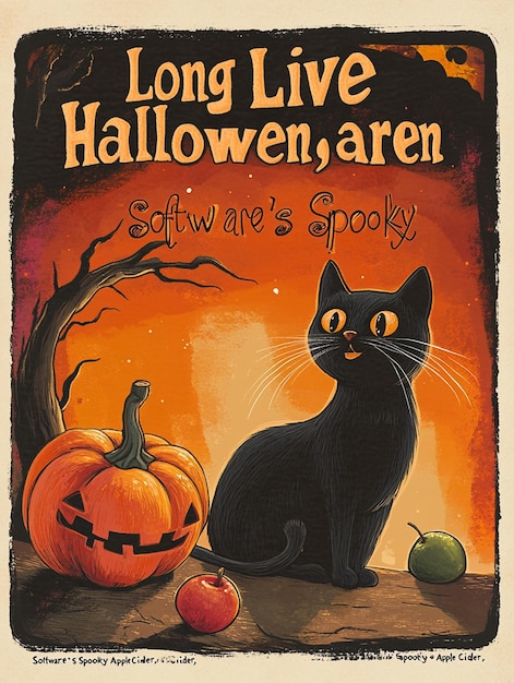 Halloween Poster with Black Cat Pumpkin and Spooky Apple Cider