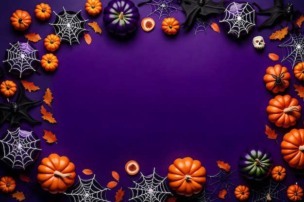 Halloween poster with candies spiders bats and pumpkins on violet background Trick or Treat