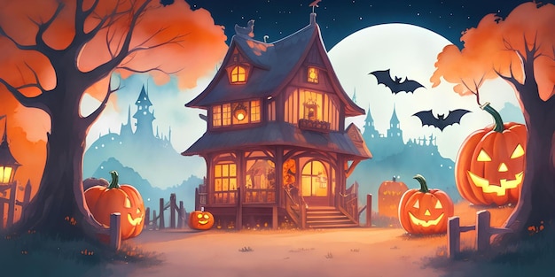 Halloween poster with a cute witch house pumpkins and mice in the night sky on the background of the moon Ai generation