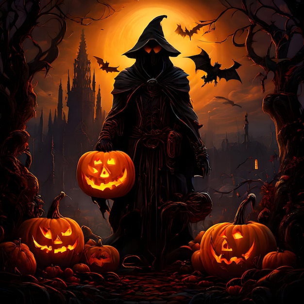 a halloween poster with a pumpkin and bats in the background