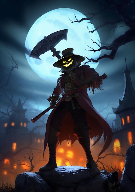 A halloween poster with a pumpkin with an axe in the middle of it.