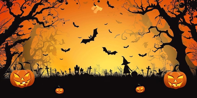 halloween poster with pumpkins and bats on a dark background