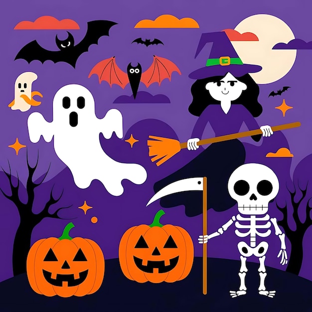 Photo a halloween poster with a skeleton and a pumpkin with a skull and a flag on it