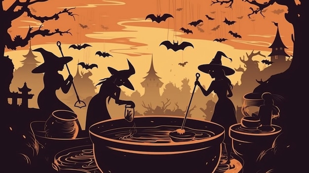 A halloween poster with witches and bats in the background.