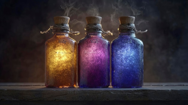 Halloween potion bottles labeled with spooky names placed on a shelf dim light