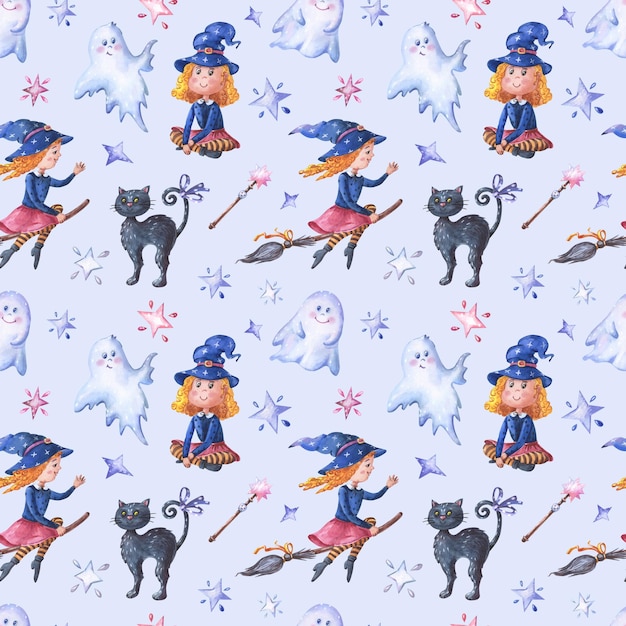 Halloween print Watercolor seamless pattern with witch is flying on a broom