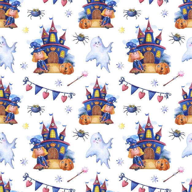 Halloween print with castle, witch, ghosts, spiders, flags and stars. Watercolor seamless pattern.