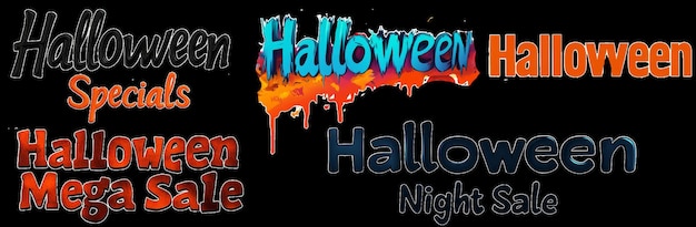 Photo halloween promotions are vibrant and eye catching featuring various styles of text that highlight special offers and sales colorful designs evoke festive atmosphere perfect for halloween season