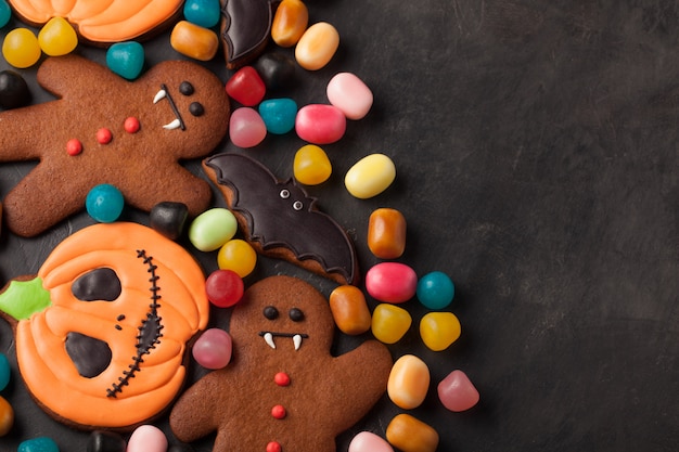 Halloween pumpkin, bat and gingerbread man.