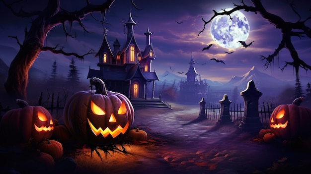 Halloween pumpkin big moon castle Generative AI