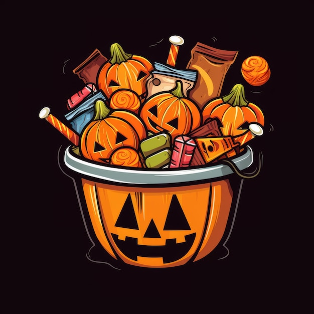 a halloween pumpkin bucket full of candy and candies on a black background