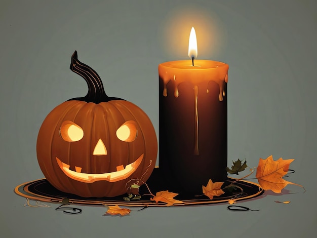 Halloween Pumpkin and Candle with Autumn Leaves