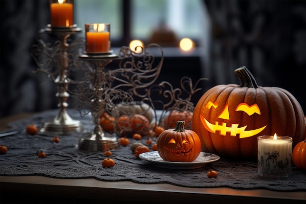 Halloween pumpkin and candles on a table with decorations dark light