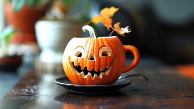 Halloween pumpkin cup of coffee on wooden table closeup view