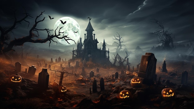 Halloween Pumpkin and dark castle with graveyard Full Moon spooky night mysterious forest darkness