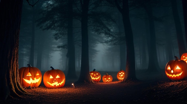 Halloween pumpkin in a dark forest background