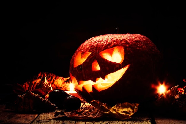 Halloween pumpkin dark wooden background selective focus