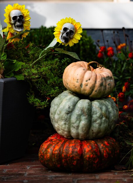 Photo halloween pumpkin decorations pumpkin for decorated house halloween decorated at front yard of a