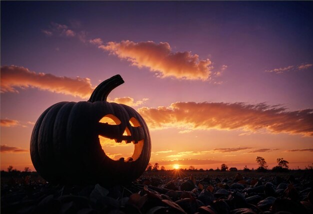 halloween pumpkin in the field at sunset