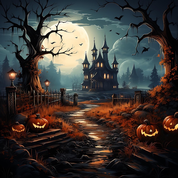 Halloween pumpkin field with a metal fence and a sinister house in the background moon trees