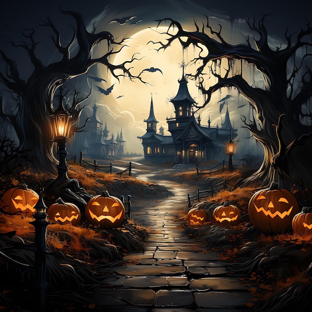 Halloween pumpkin field with a metal fence and a sinister house in the background moon trees