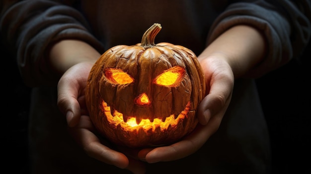 Halloween pumpkin in the hands of a man on a dark background