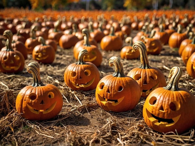 Halloween Pumpkin Harvest with Rows of Carved Jack O Lanterns in Open Field