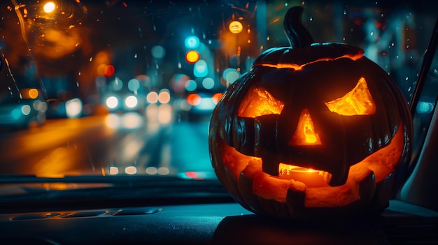 Halloween Pumpkin head driving a car on the horror night urban street