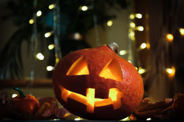 Halloween pumpkin head indoors