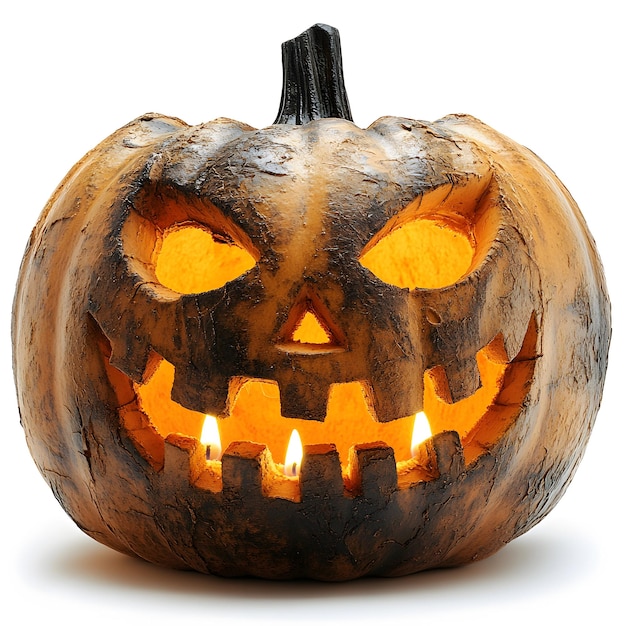 Photo halloween pumpkin head jack lantern with burning candles isolated on white background