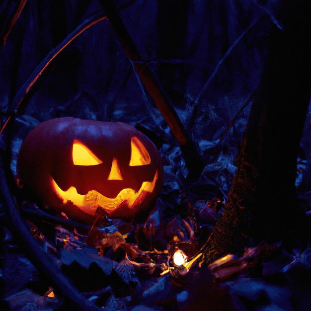 Halloween Pumpkin head jack lantern with burning candles in A Mystic Forest At Night