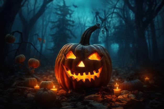 Halloween pumpkin head jack lantern with burning candles in scary deep night forest