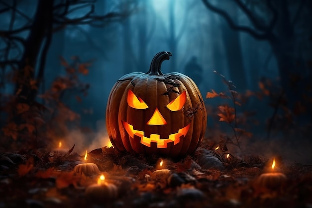 Halloween pumpkin head jack lantern with burning candles in scary deep night forest