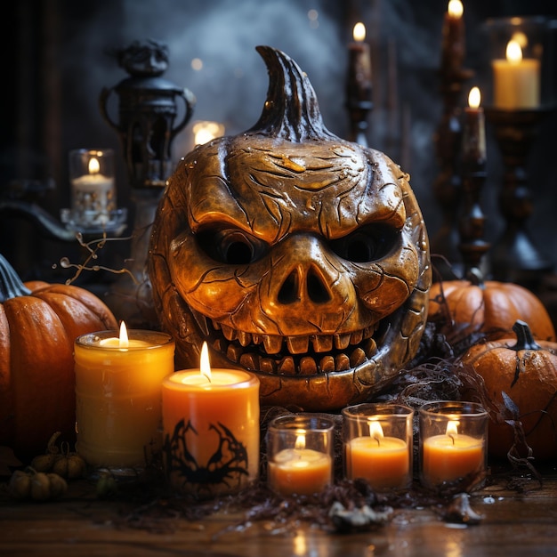 Halloween pumpkin head jack lantern with burning candles