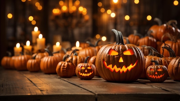 Halloween Pumpkin head jack lantern on wooden plank with burning candles on blurred background