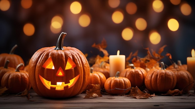 Halloween Pumpkin head jack lantern on wooden plank with burning candles on blurred background