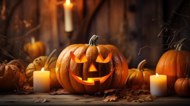 Halloween Pumpkin head jack lantern on wooden plank with burning candles on blurred background