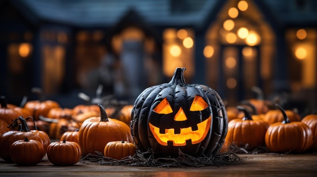 Halloween Pumpkin head jack lantern on wooden plank with burning candles on blurred background