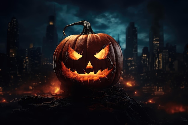 Halloween pumpkin head jack o lantern on dark night city background with fog