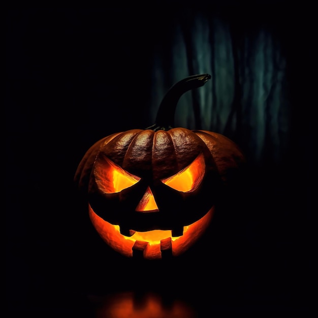 Halloween pumpkin head jackolantern on black background AI generative