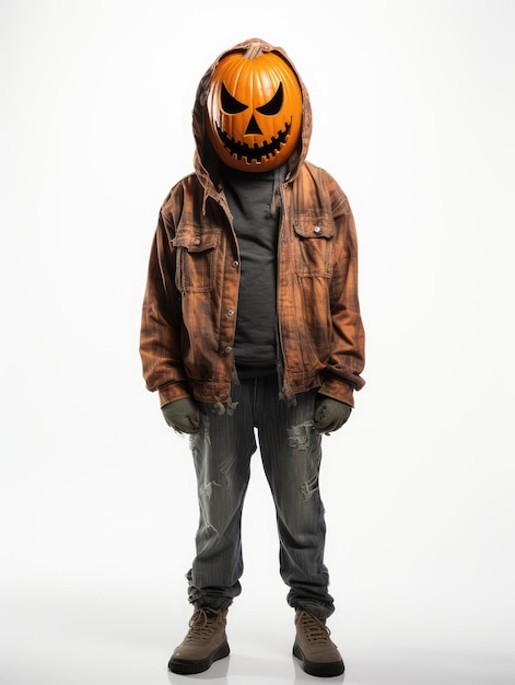 Halloween pumpkin head man in brown jacket and jeans on white background