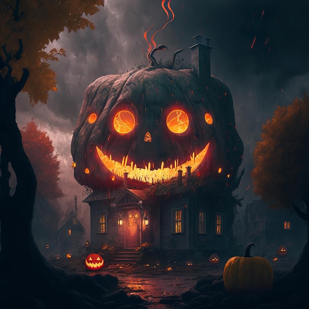 A halloween pumpkin house in forest