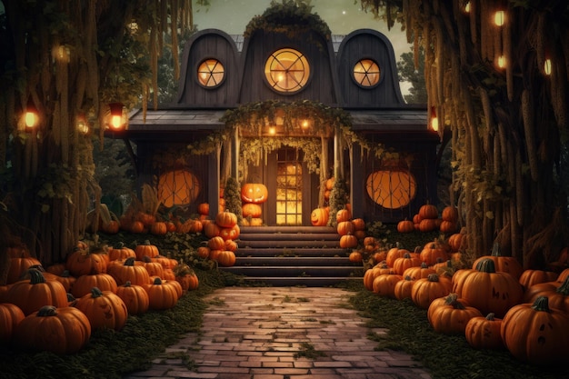 Halloween pumpkin house halloween decor Created with generative AI technology