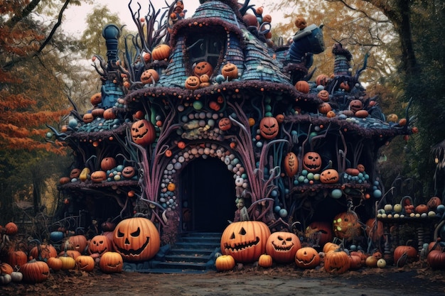 Halloween pumpkin house halloween decor Created with generative AI technology