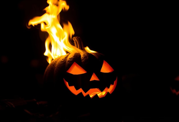 Photo a halloween pumpkin is burning in flames with the words  the witch  on the front