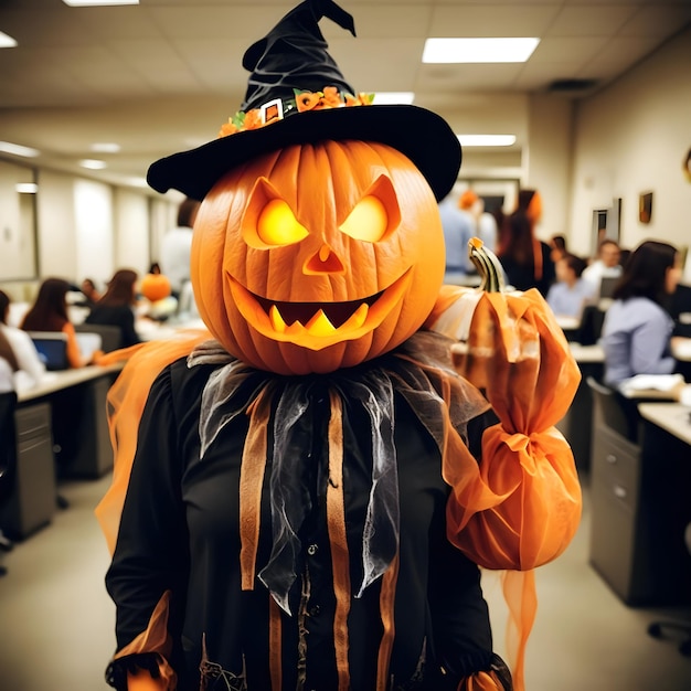 Photo a halloween pumpkin is dressed up as a witch